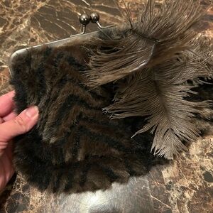 Chico’s Faux Fur Clutch w/ Feathers & Chain Strap | Vintage Glam Boho Purse